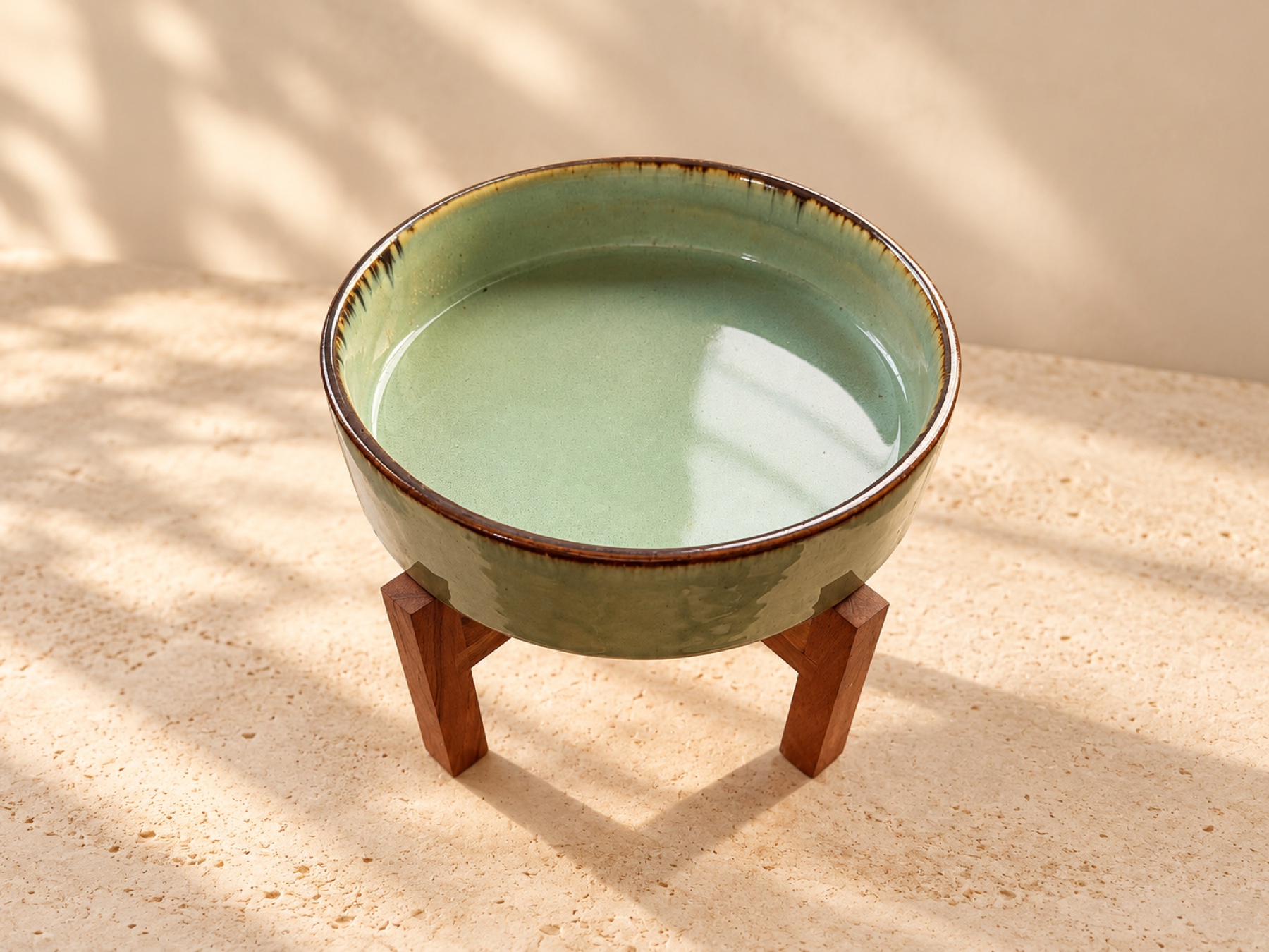 Round Bowl with Wooden Stand in Sage